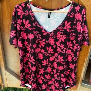 Black and Pink Floral V-Neck Top